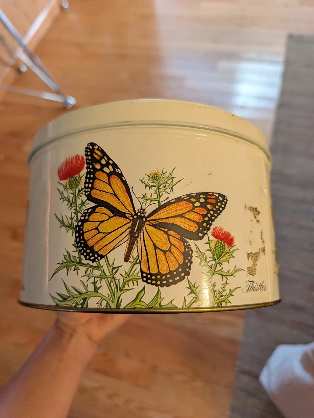 Vintage 80s Round Metal Butterfly Wildflower Circular Tin Botanical Floral Retro
